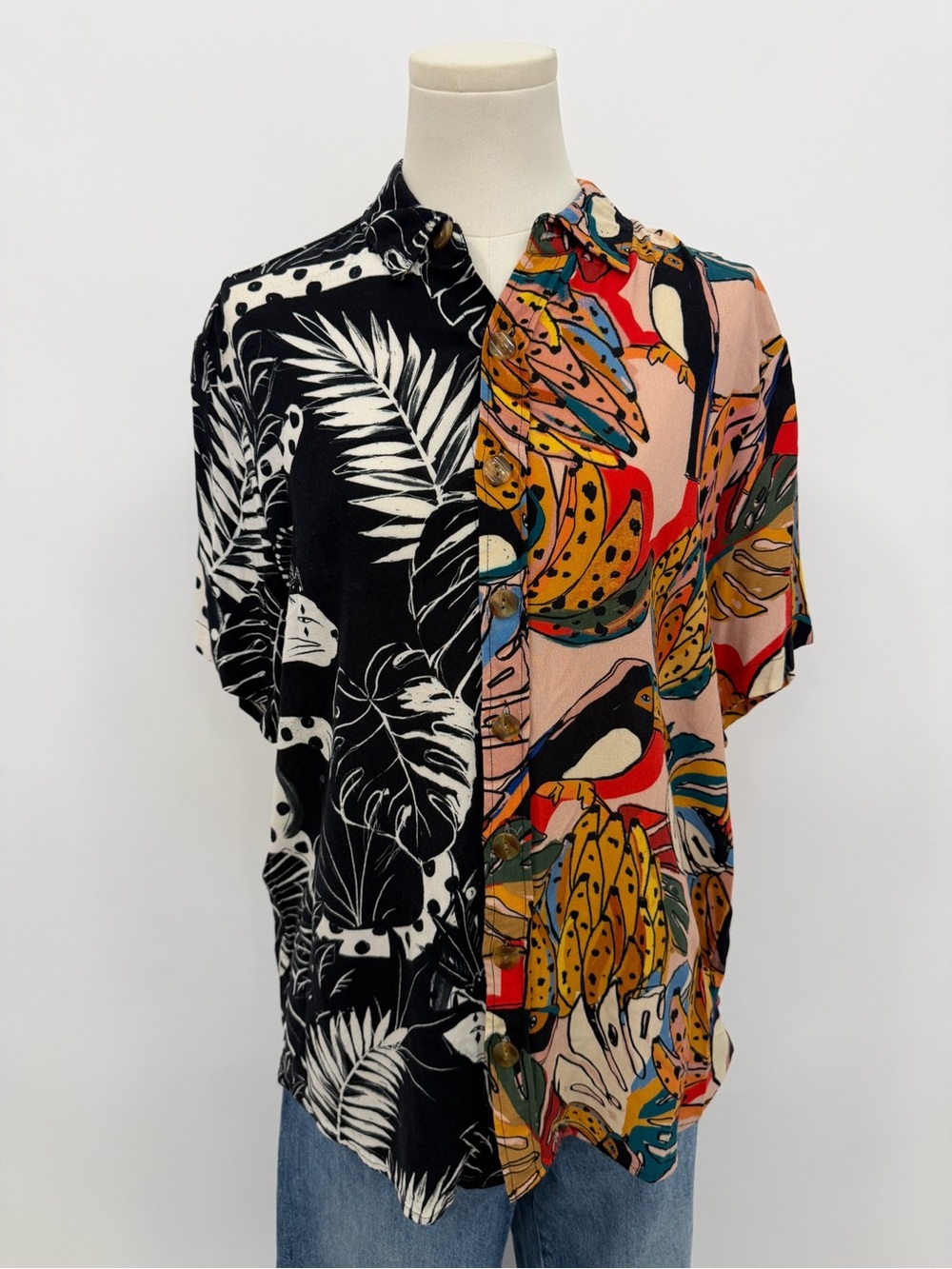Farm Rio Two-Tone Tropical Print Short-Sleeve Shirt - Black & Multi